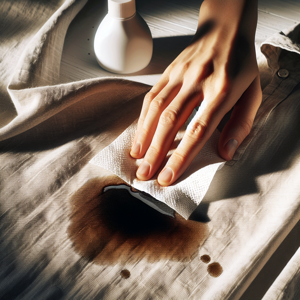 Close-up of a hand gently dabbing a fresh, dark oil stain on a light-colored fabric (like a linen shirt) with a piece of kitchen paper. Next to it, a small bottle of dish soap. The background is a clean, bright laundry area, slightly blurred. Emphasize the contrast between the dark stain and the clean fabric, suggesting a fresh start. High key lighting, clean aesthetic, suitable for a blog article on cleaning.