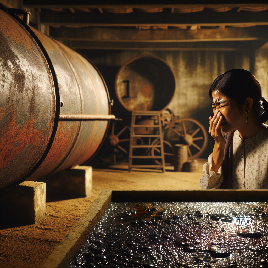 A person in a dimly lit, slightly musty basement, pinching their nose with a distressed expression due to a strong oil smell. An old, rusty oil tank or a prominent oil stain is visible in the background on the concrete floor. Atmospheric, realistic.