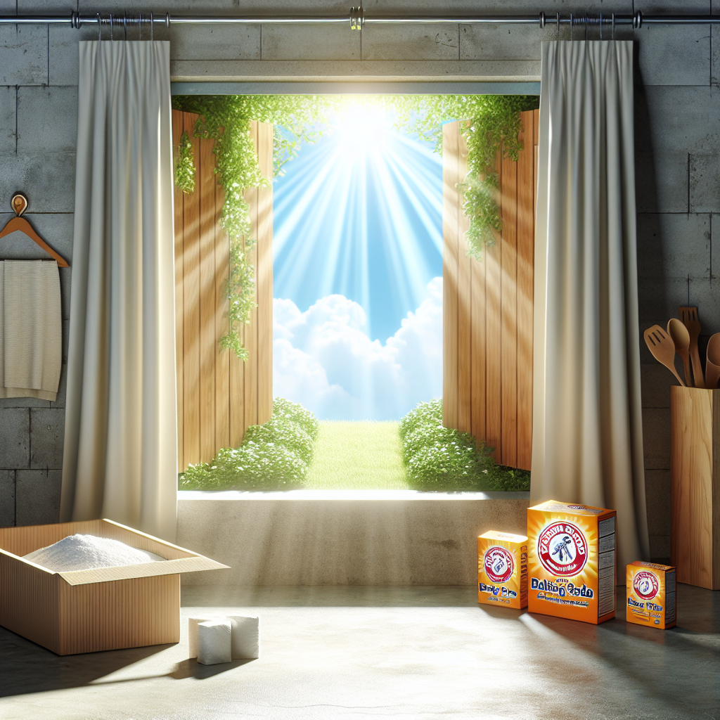 A bright and clean basement with an open window letting in fresh air and sunlight. On the spotless concrete floor, natural cleaning remedies such as open boxes of baking soda and a bag of cat litter are neatly arranged, symbolizing successful odor removal. Realistic, fresh atmosphere.