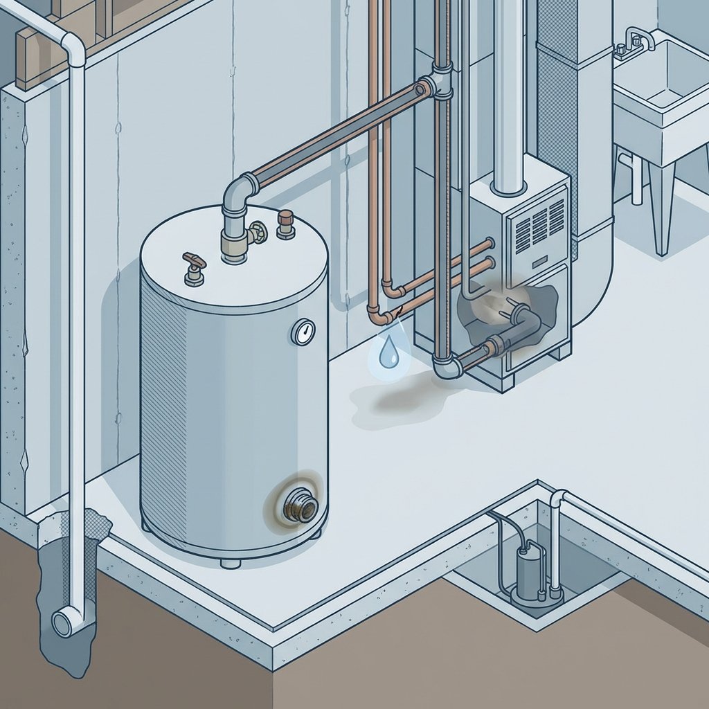 A detailed, professional cutaway illustration of a typical basement corner. In the foreground, a large, cylindrical heating oil tank is visible, with connecting pipes leading to a furnace or boiler unit. Highlight specific areas with subtle visual cues (e.g., a faint drip animation or a slightly darker smudge) indicating potential leaks: a small crack in a pipe, a worn seal on the tank, or a slightly smudged burner nozzle. The overall basement environment is clean but with a hint of industrial function. Use a clean, technical illustration style with a subtle color palette.