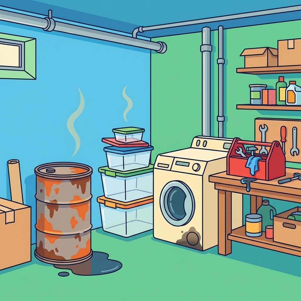A vibrant, infographic-style illustration depicting a slightly cluttered basement environment. Various objects are scattered around, each subtly hinting at a potential source of oil smell. This includes an old, slightly rusty metal drum with a small puddle underneath, a stack of poorly sealed plastic containers, an older washing machine with a small, dark stain near its base, and a toolbox with an oily rag peeking out. Focus on clear visual separation of items, using bright, friendly colors and clean lines to make the different elements identifiable as potential problem sources.
