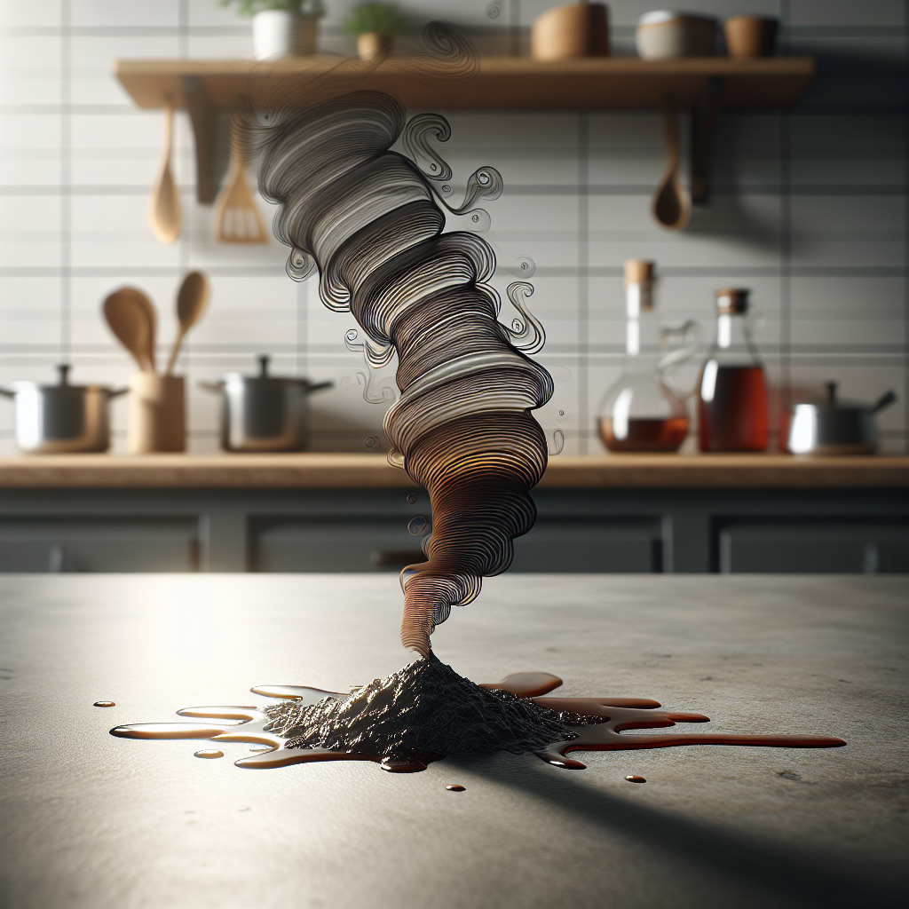 A stylized, thick, unpleasant brown oil smell visually emanating as wavy lines from a small, dark oil stain on a kitchen countertop, making the surrounding air appear heavy and uninviting. The scene conveys a sense of a persistent, unwanted odor, hyperrealistic.