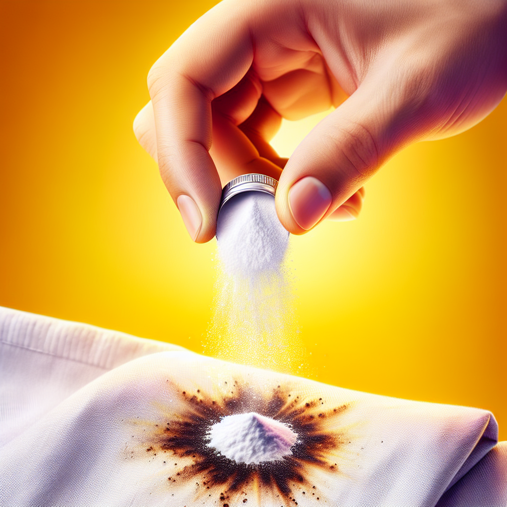 A hand gently sprinkling a fine white powder (like baking soda or baby powder) over a small, dark oil stain on a piece of light-colored fabric. The background is bright and clean, suggesting freshness and effective cleaning. The image conveys a sense of resolution and cleanliness, hyperrealistic.