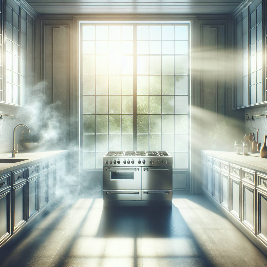 A modern kitchen setting. In the foreground, a subtle, almost invisible haze representing lingering oil smell emanates from a stovetop area. In the background, a large window is wide open, with clear, bright sunlight and a visible gentle breeze indicating fresh air entering the room. The overall impression is moving from a stuffy atmosphere to fresh air.