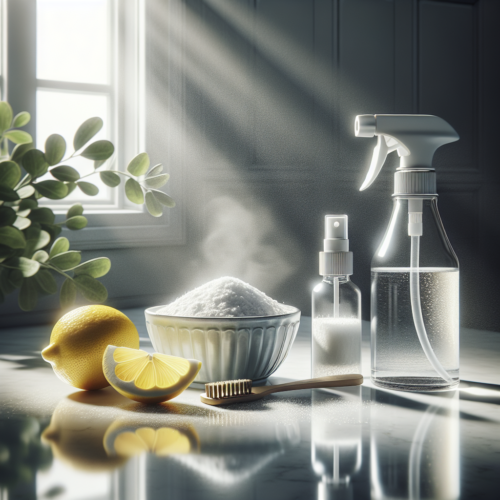 A clean and bright kitchen countertop. Prominently featured are natural elements for neutralizing odors: a small bowl of baking soda, fresh lemon halves, and a spray bottle containing a clear liquid (vinegar solution). The surface is gleaming, reflecting soft, natural light, conveying a sense of freshness and purity. High detail, photorealistic.