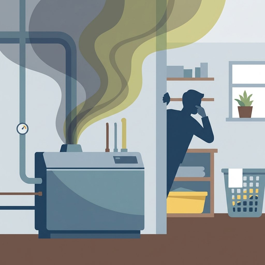 A stylized, clean flat illustration depicting a modern oil heating unit situated in a well-kept utility room. From a vent or exhaust pipe of the heater, subtle, wavy, dark grey and yellowish-green vapor emanates and spreads slightly into the air. In the background, a person's silhouette is visible, slightly recoiling or holding their nose, indicating an unpleasant odor. The overall scene should convey an issue with an oil heater's smell in a clear, blog-friendly visual style.