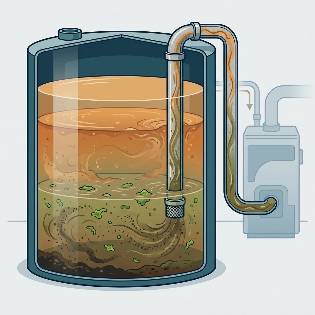 An infographic-style cutaway illustration of a large heating oil tank. The tank's interior should clearly show distinct layers: at the very bottom, a murky layer of water with small, floating green algae-like particles and dark sediment. Above this, a slightly cloudy layer representing contaminated heating oil. A pipe extends from the lower section of the tank, drawing out the problematic mixture towards a faint outline of an oil heater in the background, symbolizing the flow of problematic fuel. Use clear lines and color distinctions for readability.