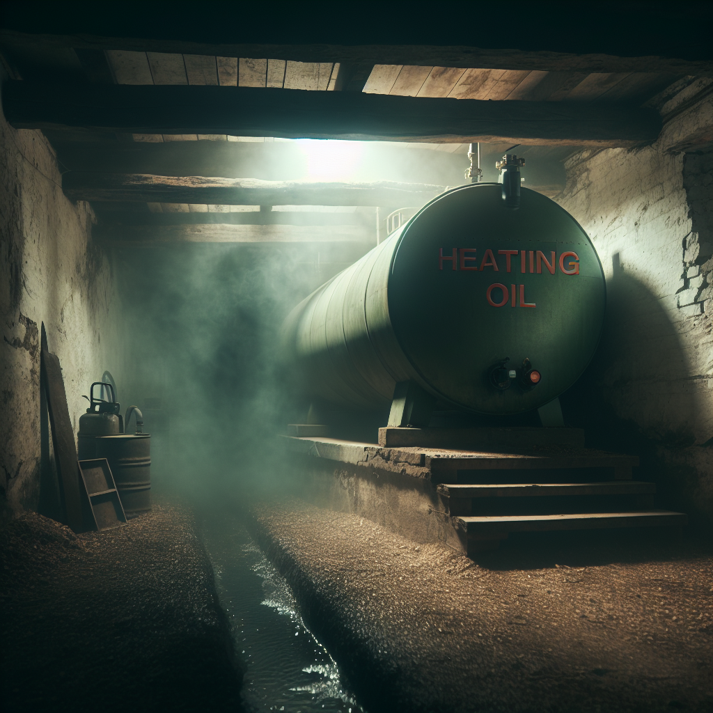 A dark, somewhat dusty and uninviting old basement. A heating oil tank is visible in the background. A subtle, almost visible greenish or grayish haze hangs in the air, representing a pervasive, unpleasant heating oil smell. The atmosphere feels heavy and stale, conveying a strong sense of discomfort and an annoying odor. Realistic, moody lighting, low saturation.
