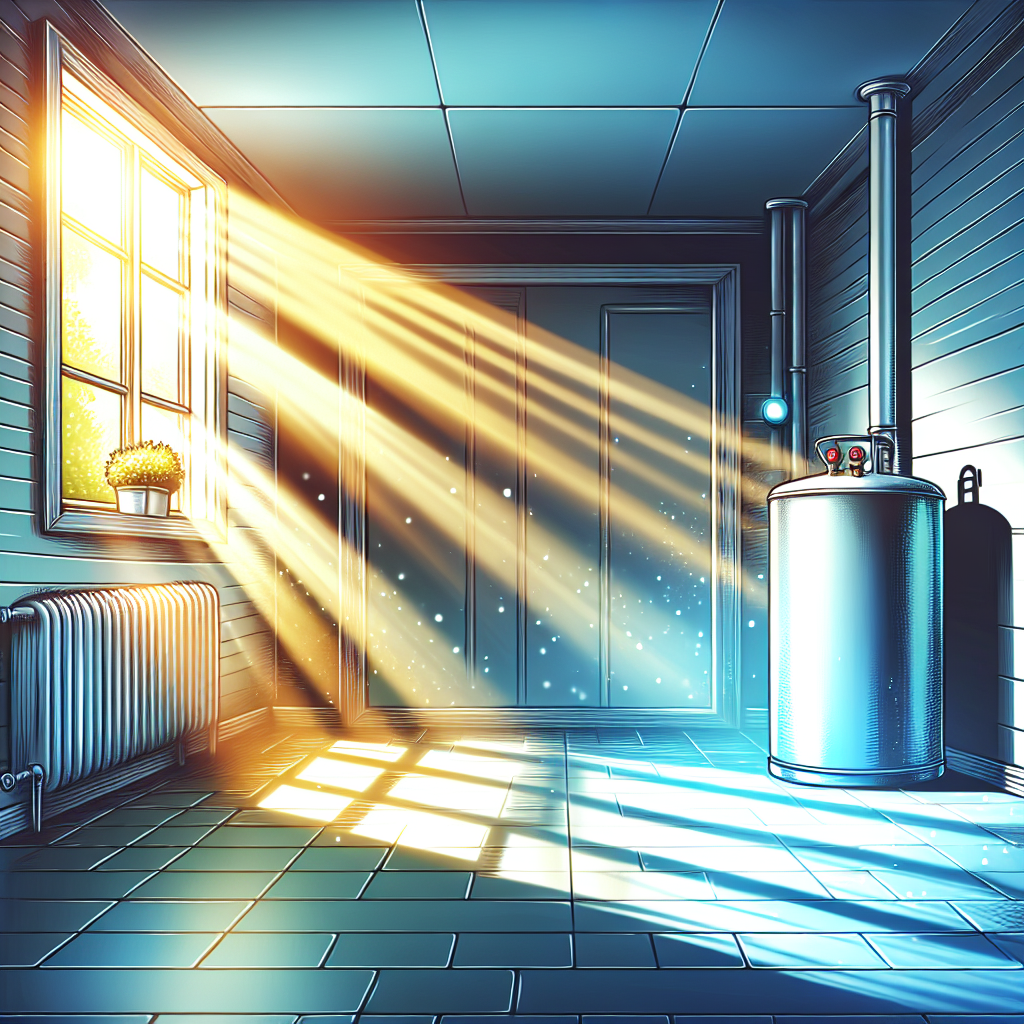 A bright, meticulously clean and freshly aired-out basement or utility room. Sunlight streams through an open window, illuminating dust-free surfaces and creating a sense of purity and lightness. The air looks crisp and clear. In the background, a well-maintained heating oil tank stands in an orderly environment. The overall mood is one of relief, cleanliness, and refreshing ventilation after removing a bad smell. Realistic, vibrant, and inviting.