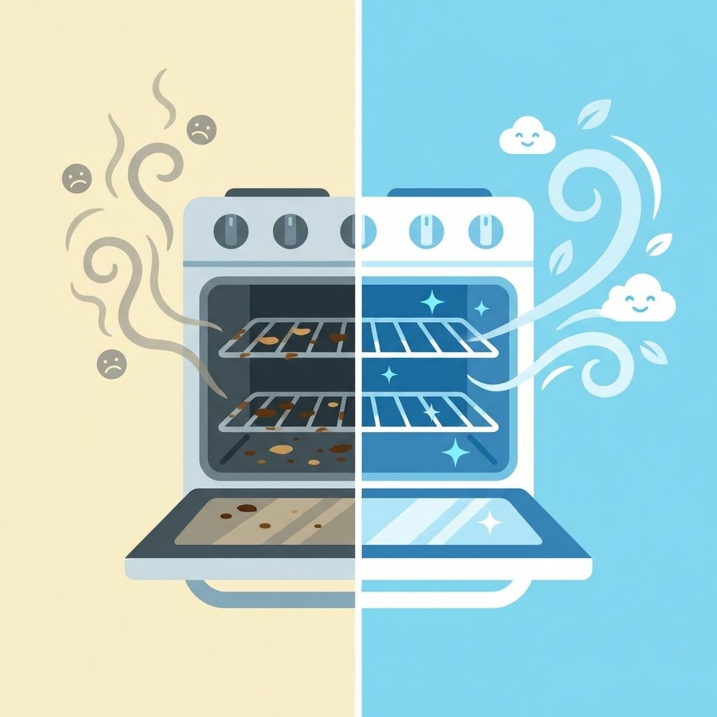 A split-screen or 'before-and-after' style flat illustration. On one side, a slightly open oven door reveals a interior with subtle, stylized burnt food residue and faint, grey, unpleasant odor wisps abstractly flowing out. The other side shows a gleaming, spotless oven interior, slightly open, with light blue, fresh-smelling wisps gracefully emanating. The overall visual should emphasize the transformation from a malodorous, dirty oven to a clean, fresh-smelling one, using clear, crisp lines and a bright color palette suitable for a blog.