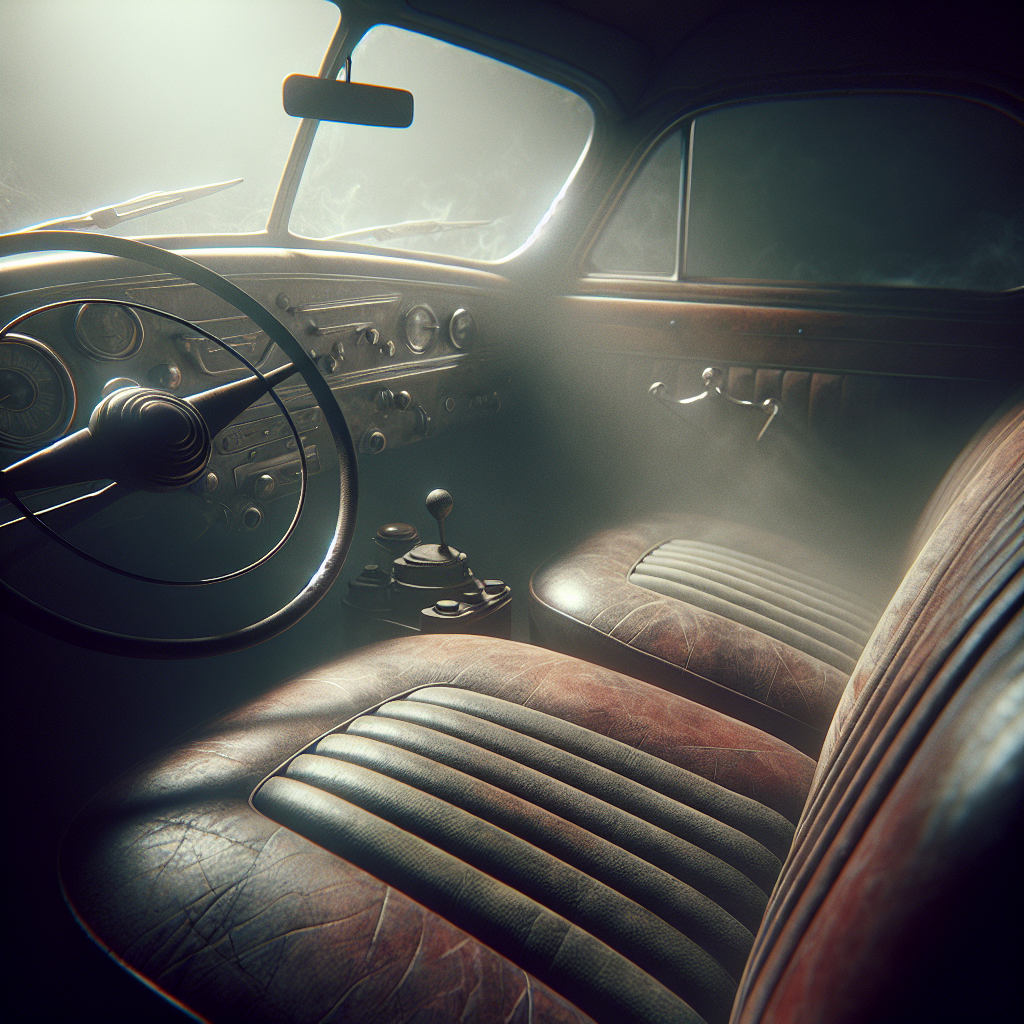 A dimly lit, vintage car interior, showing aged leather seats and a slightly dusty dashboard, with a subtle, ethereal mist or visual distortion suggesting a lingering unpleasant, musty odor. Focus on the textures of old upholstery and the slightly neglected atmosphere. Photorealistic, soft shadows, a bit melancholic.