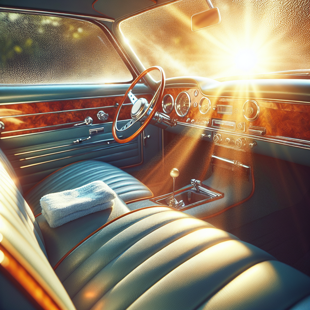 A meticulously cleaned and bright classic car interior. Sunlight streams through the window, highlighting gleaming wooden accents and perfectly clean fabric upholstery. A subtle, refreshing glow or a few light, floating air particles emanate from the interior, symbolizing freshness and a pleasant aroma. Photorealistic, vibrant, inviting, clean.