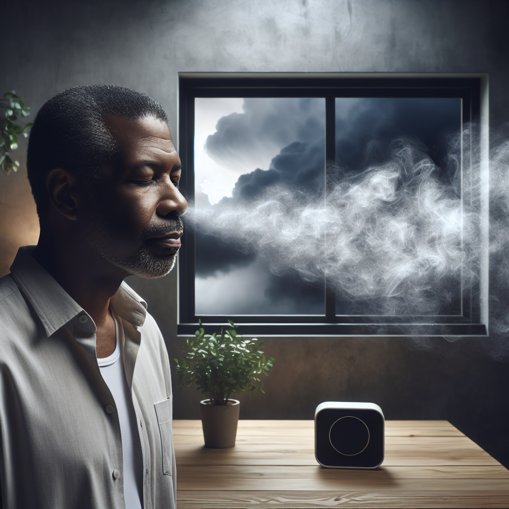 A person slightly wrinkling their nose in a modern, subtly hazy room, where a faint, unpleasant-looking, swirling vapor (symbolizing ozone smell) is visible. Through a window, a distant, just-passed thunderstorm is implied, or a small, abstract electronic device is in the background, hinting at the source. The atmosphere conveys discomfort and the lingering presence of a sharp odor.