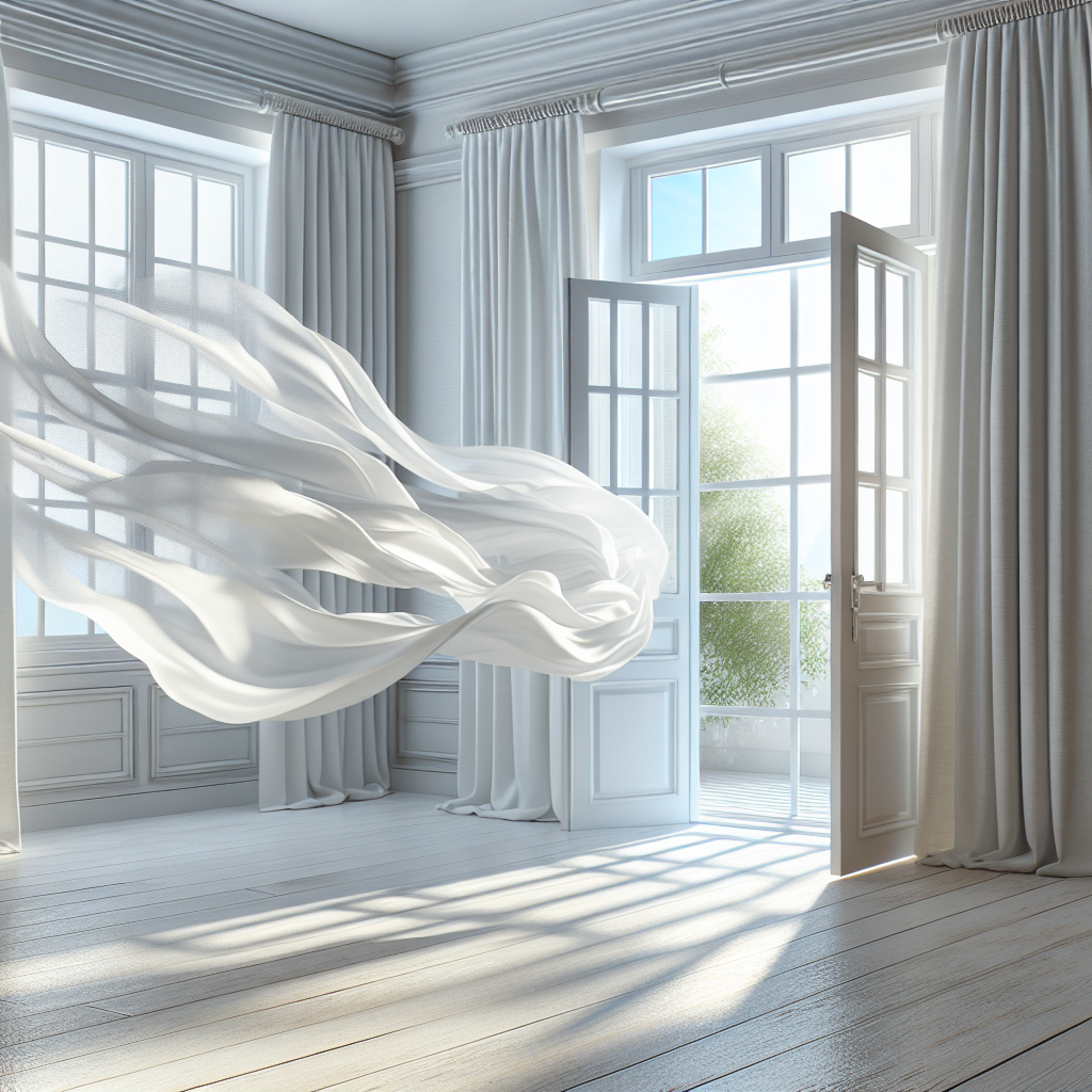 A bright, clean room with large windows and a door wide open, showcasing a strong, fresh breeze billowing white curtains inwards. Sunlight streams into the space, creating an atmosphere of crisp, clean air and renewal, symbolizing effective ventilation and the complete removal of unpleasant smells.