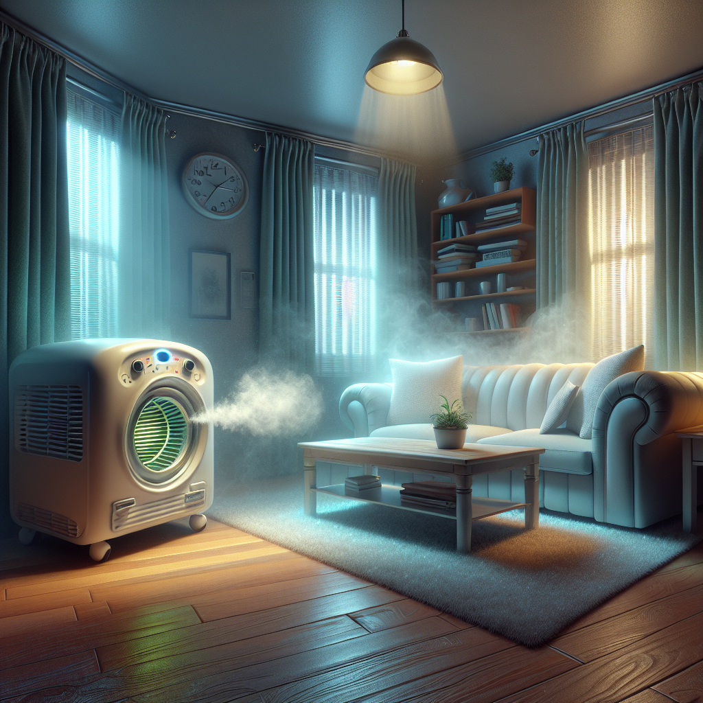 A realistic, high-detail photograph of a cozy living room, but with an unsettling atmosphere. A very subtle, almost imperceptible chemical haze or shimmer seems to cling to the soft furnishings and textiles (like a sofa and curtains), hinting at a lingering, unpleasant ozone smell. In the background, a sleek, modern ozone generator is visible, indicating the source. The overall impression should be one of a persistent, artificial odor, making the room feel clean but not fresh. Soft, slightly muted lighting.