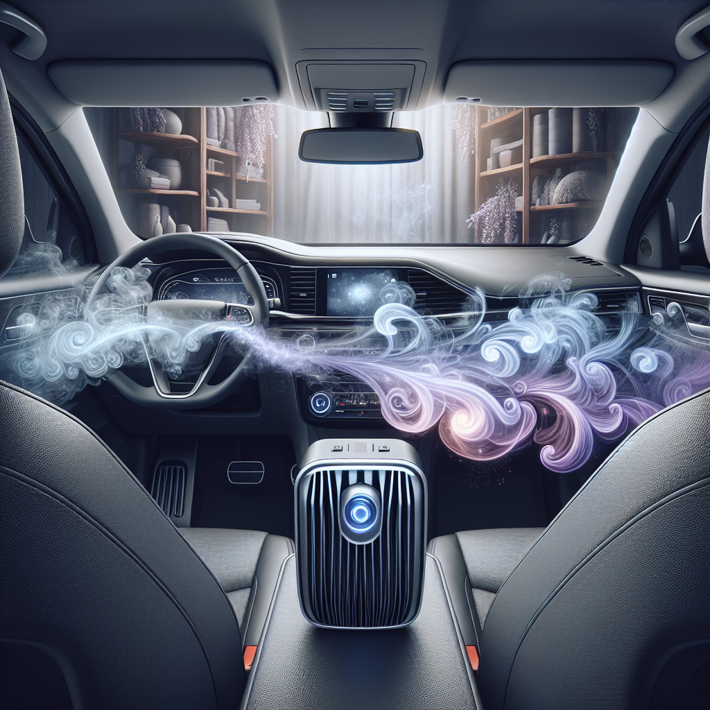 A modern car interior, seen from the back seat looking towards the front. On the front passenger seat, a sleek, compact ozone generator device is actively emitting a subtle, almost invisible mist or glow. Around the driver's side and dashboard, faint, swirling dark grey and purple wisps visually represent unpleasant odors (like smoke or dampness) being visibly broken down and replaced by subtle, clean blue and white currents of fresh air. The scene is realistic and well-lit, emphasizing the active process of odor neutralization.
