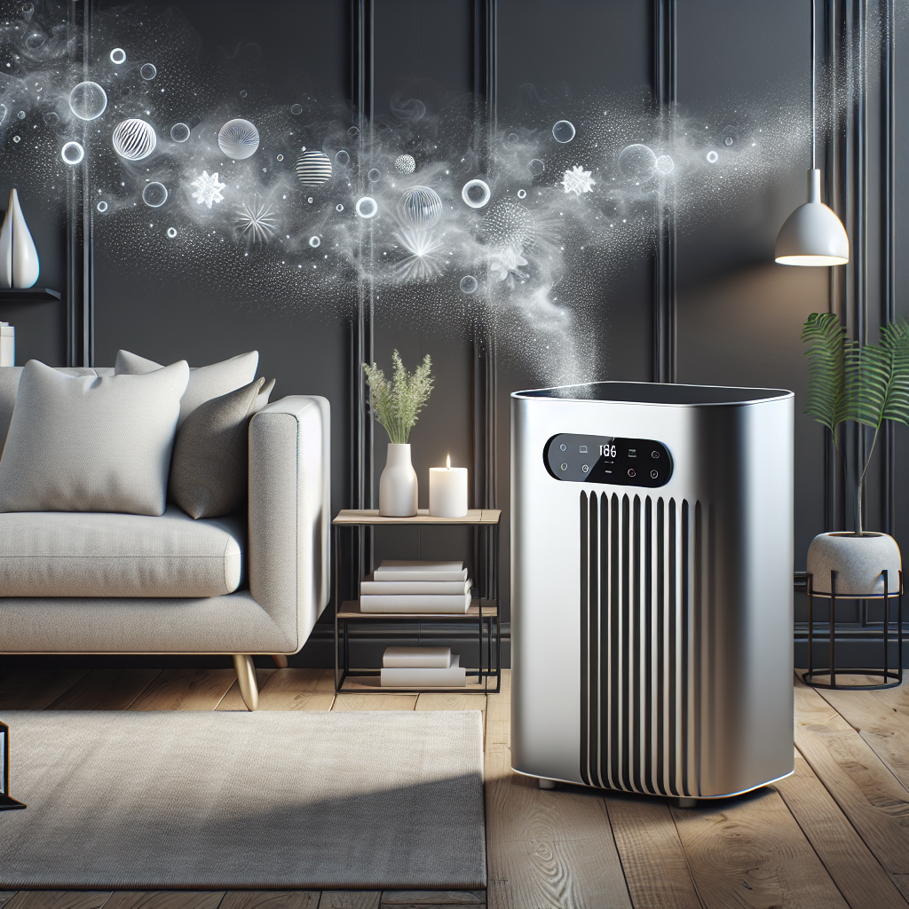 A sleek, modern ozone generator device placed in a clean, contemporary living room. Subtle visual cues of stale air or faint odors are dissipating into crisp, clean air that softly glows around the device, symbolizing effective odor removal and purification. Realistic, high-definition photography style with natural lighting.