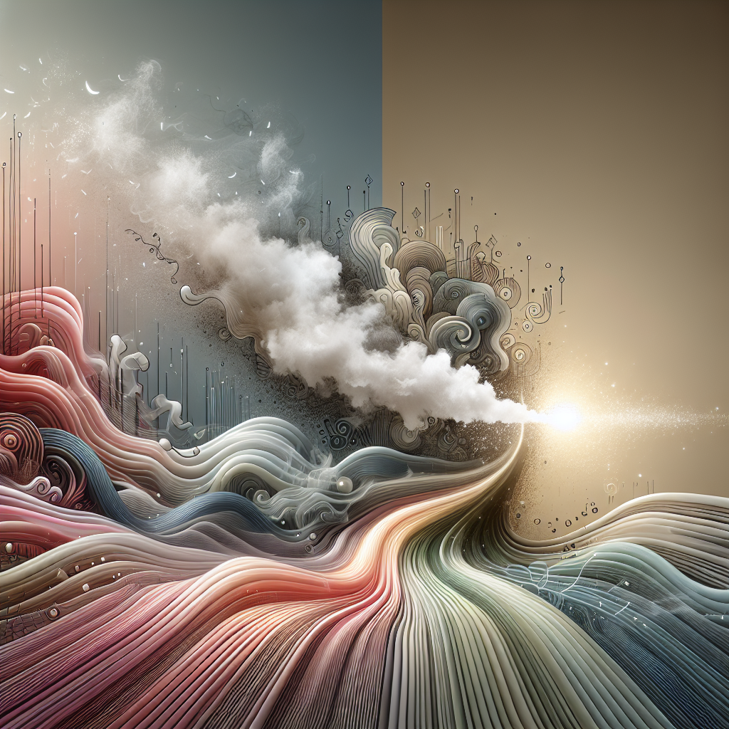 An abstract, conceptual image depicting the transformation from unpleasant odors to fresh, clean air. On one side, muted, wavy lines or a subtle smoky haze symbolize bad smells in a generic space. This transitions smoothly into the other side, which features bright, clear light and refreshing air currents, indicating complete purification and a sense of freshness. Minimalist, high-contrast digital art.