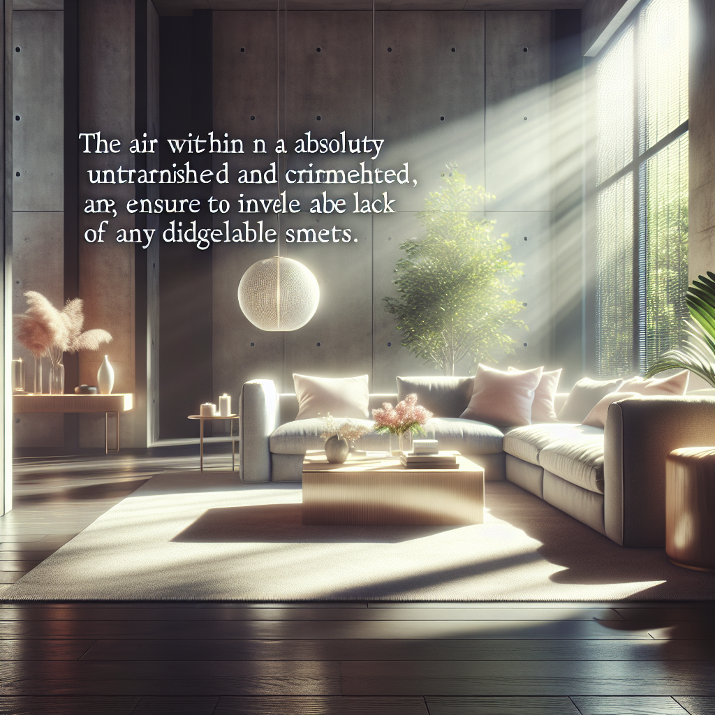 A bright, modern living room bathed in soft, natural light, where the air appears visibly fresh and clean, almost sparkling, suggesting the complete absence of any unpleasant odors. The overall atmosphere is one of purity and tranquility. High detail, photorealistic.