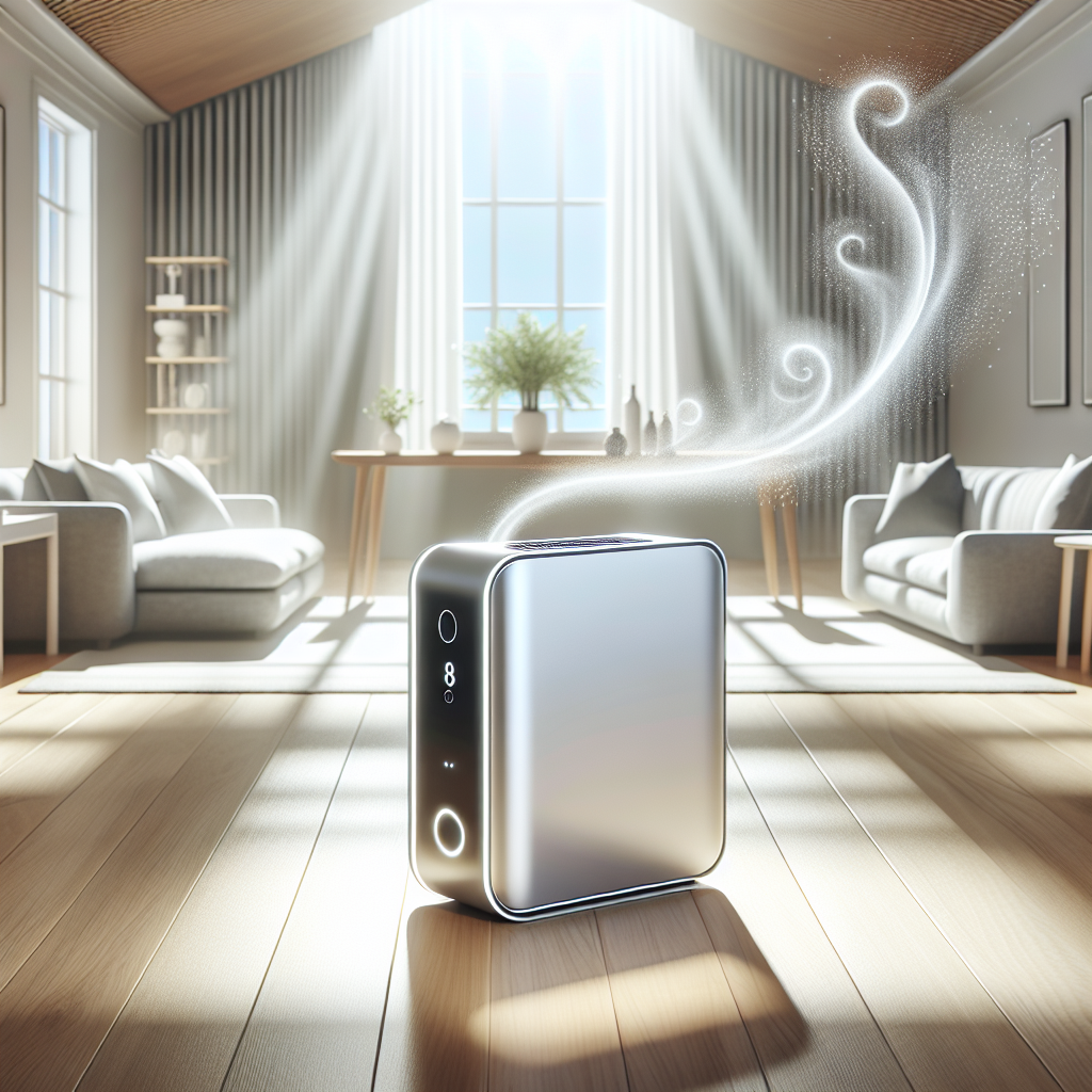 A sleek, modern ozone generator device positioned prominently in a bright, airy living room. The room feels incredibly fresh and clean, with sunlight streaming through a window. The air itself appears visually pure and invigorating, perhaps with a subtle, stylized 'wave' or 'aura' of freshness emanating from the device, symbolizing effective odor removal. Realistic, high-key photography.