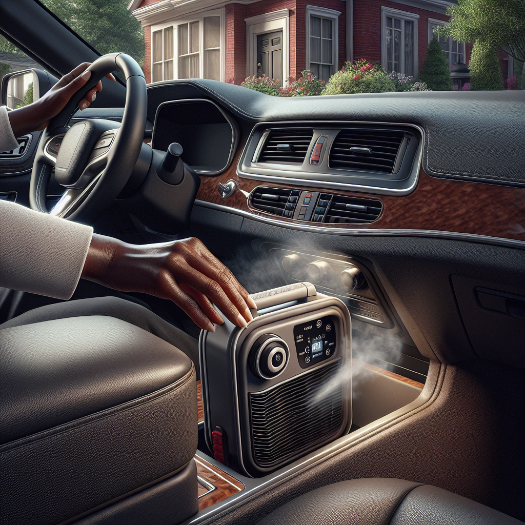 A close-up shot of a person's hands gently placing a compact, professional-looking ozone generator inside a car interior (on the passenger seat or floor). The background shows parts of the car interior and possibly a hint of a home environment through the car window. The overall impression is one of ease, practicality, and effective temporary use for odor removal. Realistic, clean, well-lit.