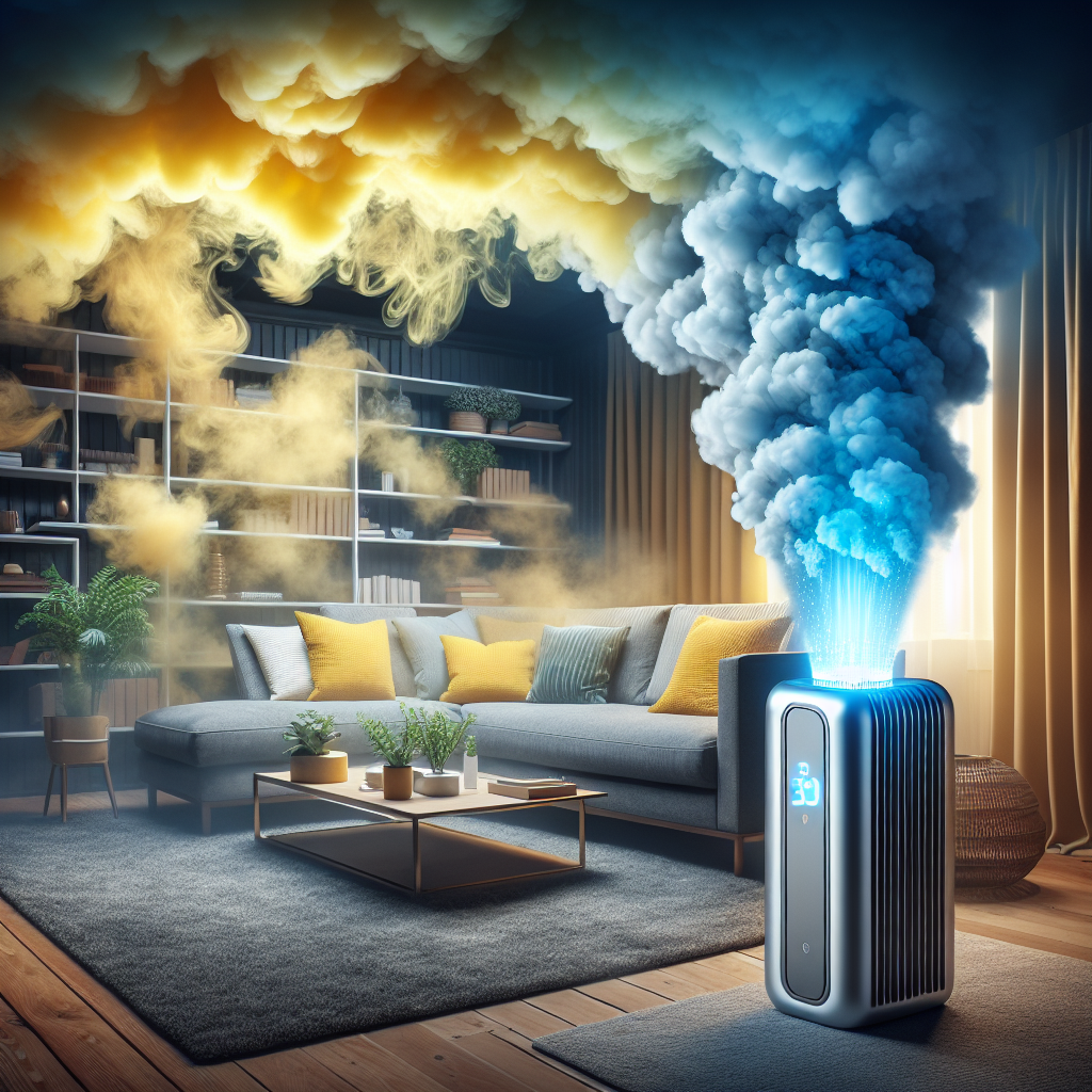A cozy living room filled with a visible, swirling haze of yellowish nicotine smoke, clinging to curtains and furniture. In the foreground, a sleek, modern ozone generator emits a powerful, purifying blue light, visually pushing back and dissolving the smoke, creating a stark contrast between stale and clean air.