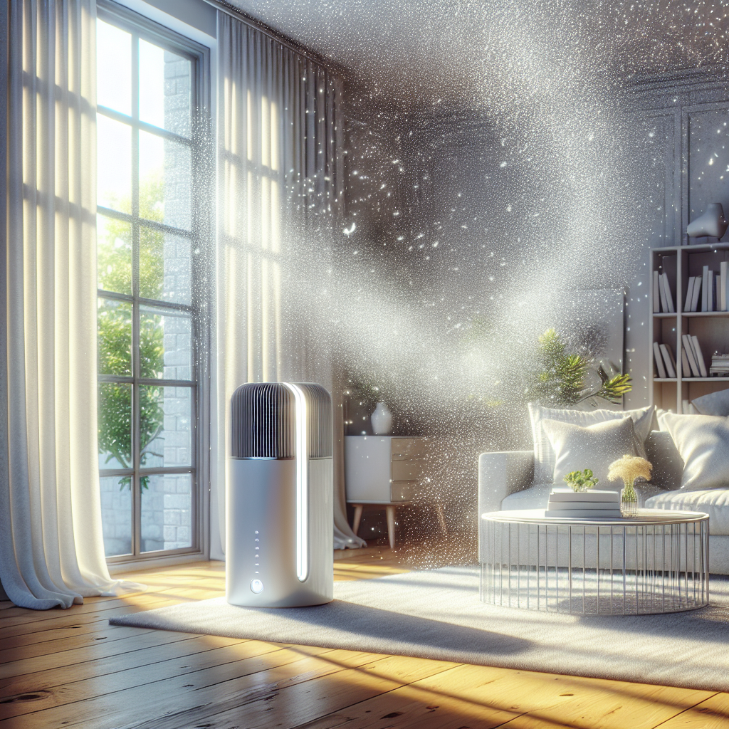 A bright, airy, and meticulously clean living room, bathed in natural sunlight streaming through a window. The air is visibly fresh and sparkling. A modern, minimalist ozone generator sits discreetly in a corner, subtly symbolizing the source of this purified, odor-free environment, evoking a sense of renewal and cleanliness.