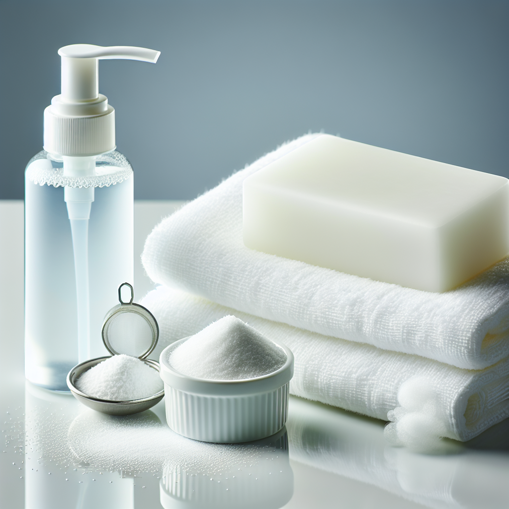 A close-up studio shot showing elements associated with removing unwanted scents: a bar of white soap, a small bowl of baking soda, a soft, clean white towel, and a gentle spray of water, all arranged on a bright, clean surface. The overall impression is one of purity, effectiveness, and freshness. Modern, minimalist aesthetic.