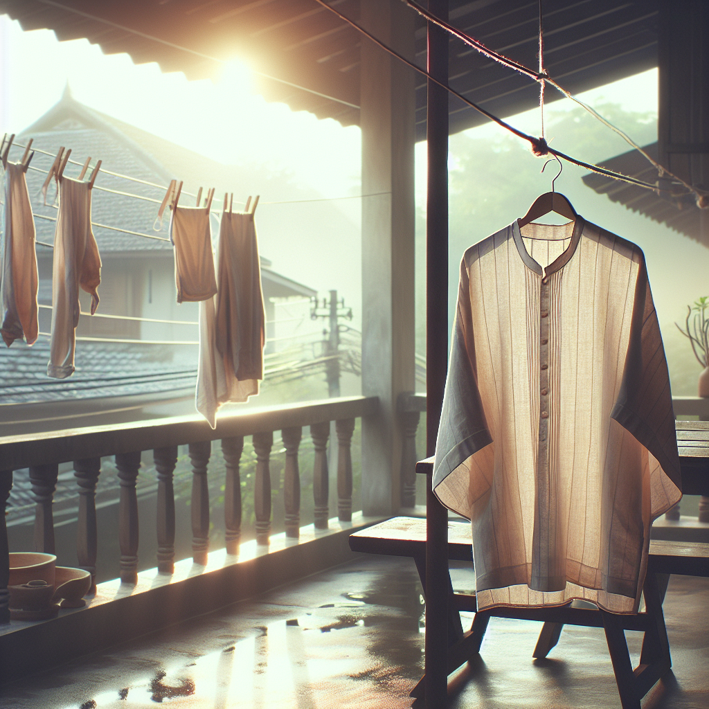 A light-colored shirt or delicate garment, clean and fresh, hanging on a clothesline or hanger outdoors on a balcony, bathed in soft morning sunlight with a gentle breeze. The background is a slightly blurred, serene natural setting, emphasizing the process of airing out clothes.