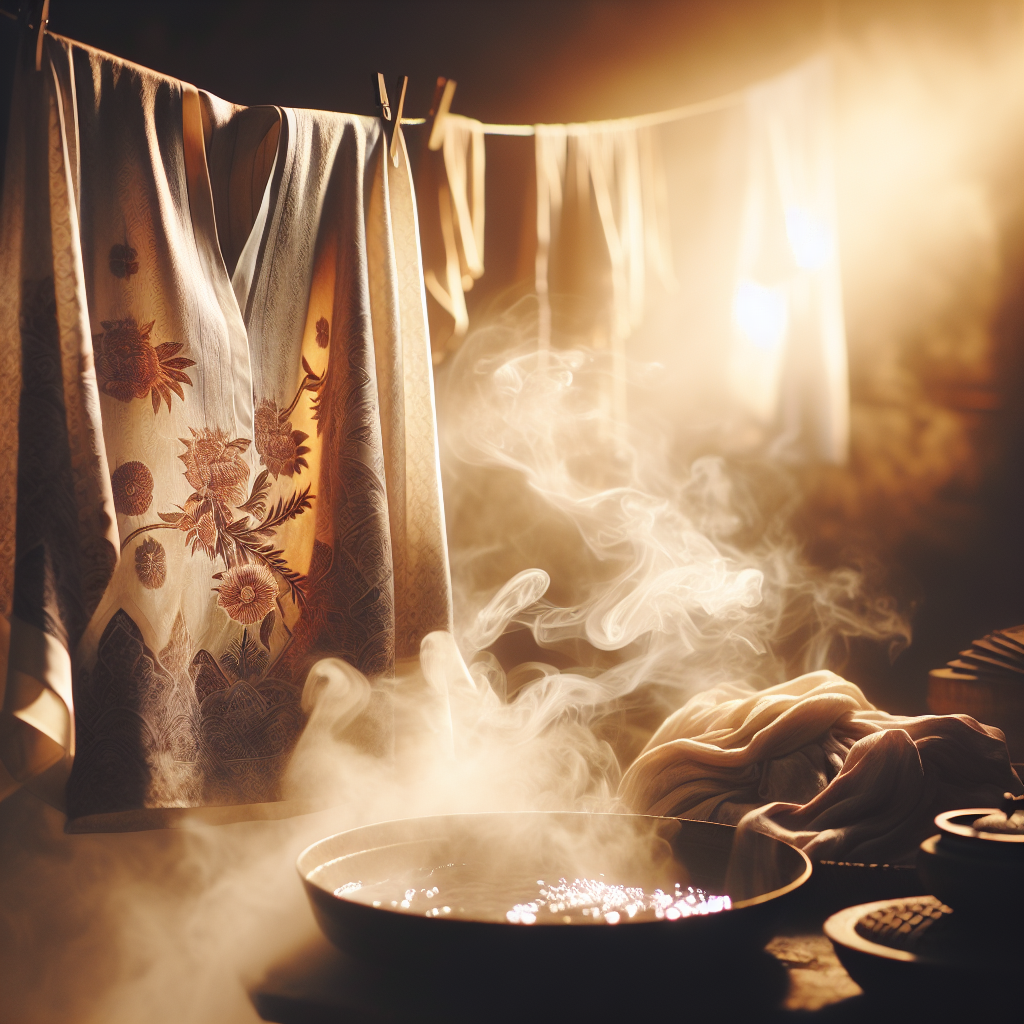 A close-up, warm and atmospheric shot of a delicate piece of clothing, such as a silk blouse or scarf, hanging in a steamy bathroom. Soft, diffused light highlights the garment as gentle steam rises around it, with a hint of a running shower or a hot bath in the blurred background.
