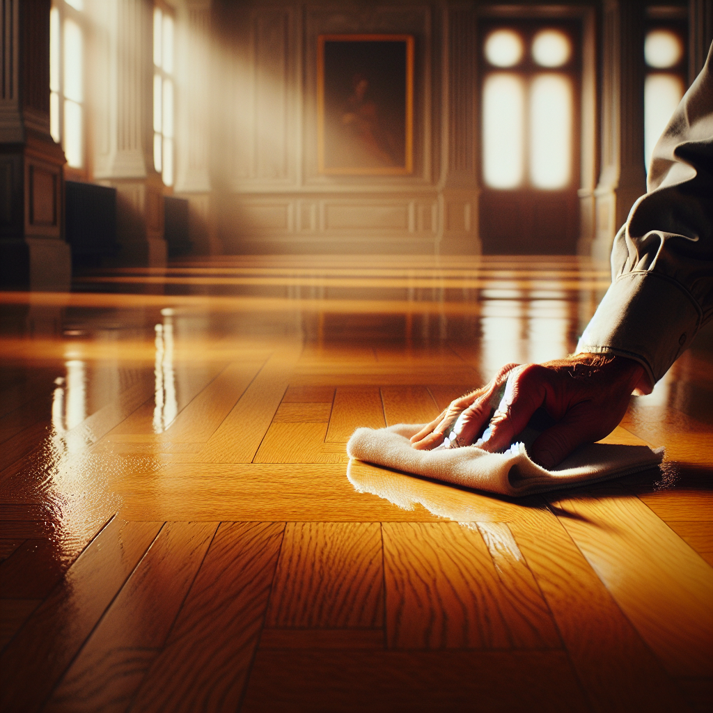A beautiful, warm oak parquet floor, partially cleaned and gleaming under soft natural light. A gentle hand is meticulously wiping away the last trace of a subtle stain with a soft, clean cloth, making the wood shine. The overall atmosphere is clean, serene, and highlights the restored beauty of the floor, with a focus on polished wood grain and light reflections. Elegant, clean aesthetic.