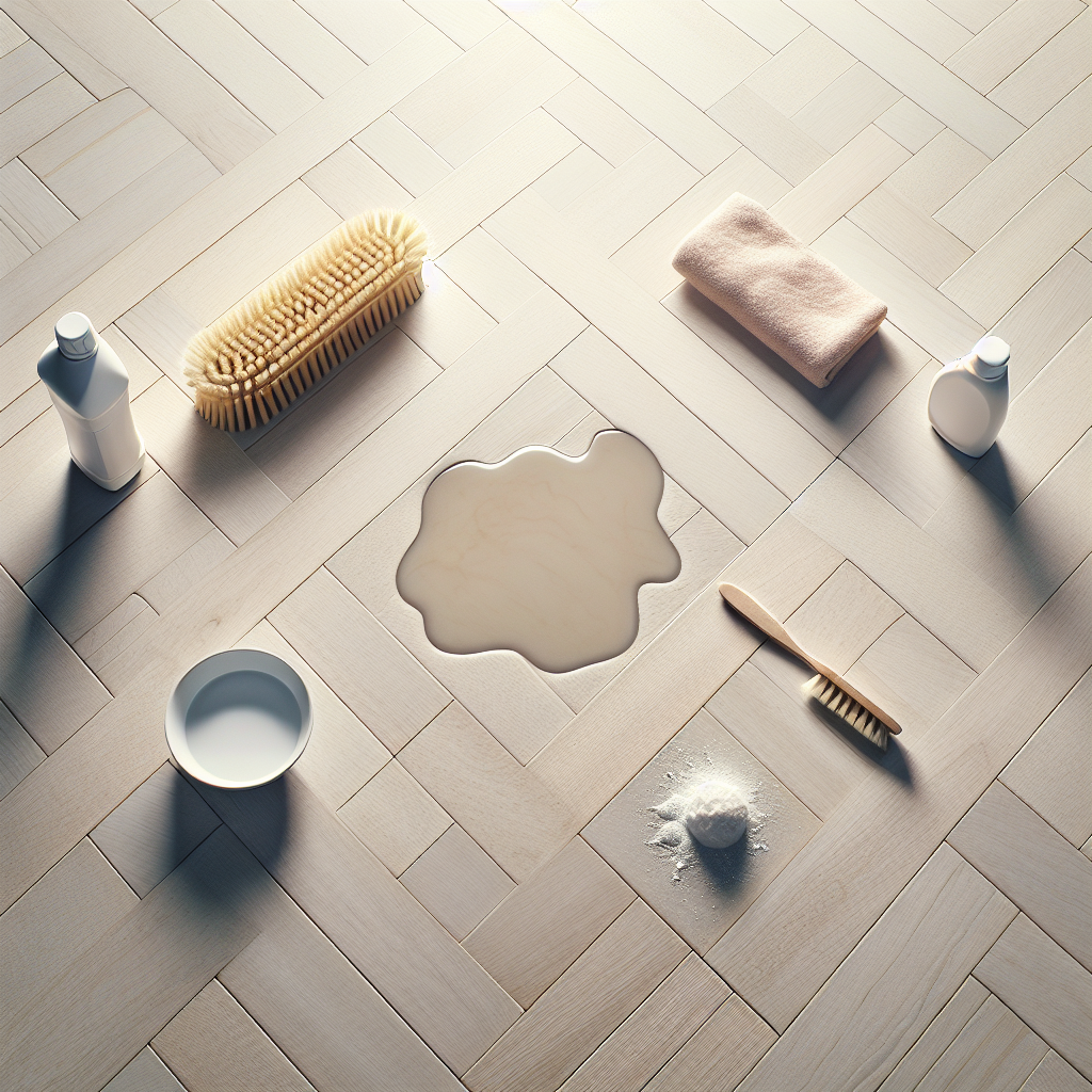 An overhead shot of a light, modern parquet floor featuring a few small, distinct stains – perhaps a subtle water ring and a faint grease mark. Arranged neatly beside them are common household remedies: a small pile of white powder (like baking soda), a clean absorbent cloth, and a delicate wooden brush. The scene is bright, clean, and minimalist, emphasizing simple and effective stain removal solutions for parquet. High contrast, clean lines.
