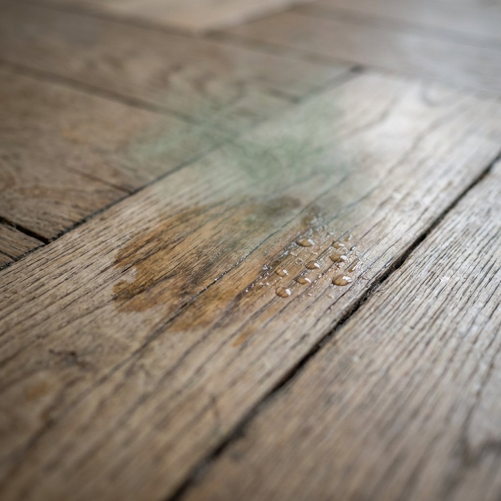 A detailed close-up professional photo of a parquet floor plank. One section of the plank subtly shows signs of moisture damage: a slightly darker patch, small water droplets glistening on the surface, and a faint, stylized, greenish-grey cloud emanating from it, visually representing a musty odor. The wood grain should be clearly visible and appear somewhat affected, with muted lighting emphasizing a damp and unpleasant atmosphere. The shot should feel like a macro lens effect.
