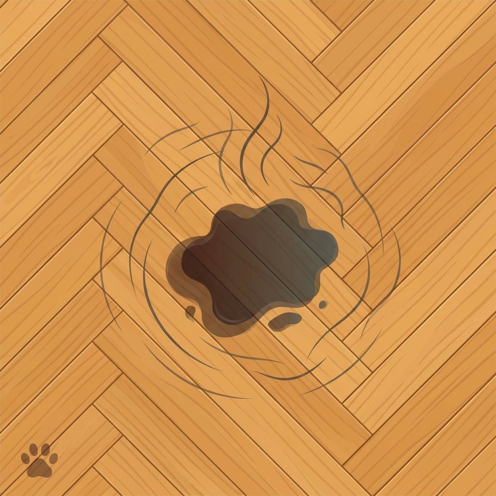 A clean, top-down flat illustration of a section of polished parquet flooring. On one plank, there is a distinct, dark, stylized liquid stain, clearly indicating a pet accident. From this stain, subtle, dark grey wavy lines or abstract 'odor waves' gently rise and spread outwards, visually conveying the presence of an unpleasant smell. A small, simple, stylized paw print is faintly visible near the edge of the frame, hinting at the cause. The rest of the floor should appear clean and well-maintained, using a minimalist color palette.