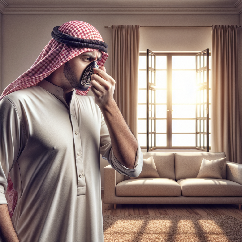 A person with a slightly concerned or exasperated expression, gently pinching their nose, standing in a clean, modern living room. A large window is wide open, letting in bright daylight, yet the person's posture and facial expression subtly convey the presence of an invisible, persistent unpleasant odor that ventilation alone isn't removing. Emphasize the feeling of a lingering, stubborn smell. Realistic photography, natural lighting.