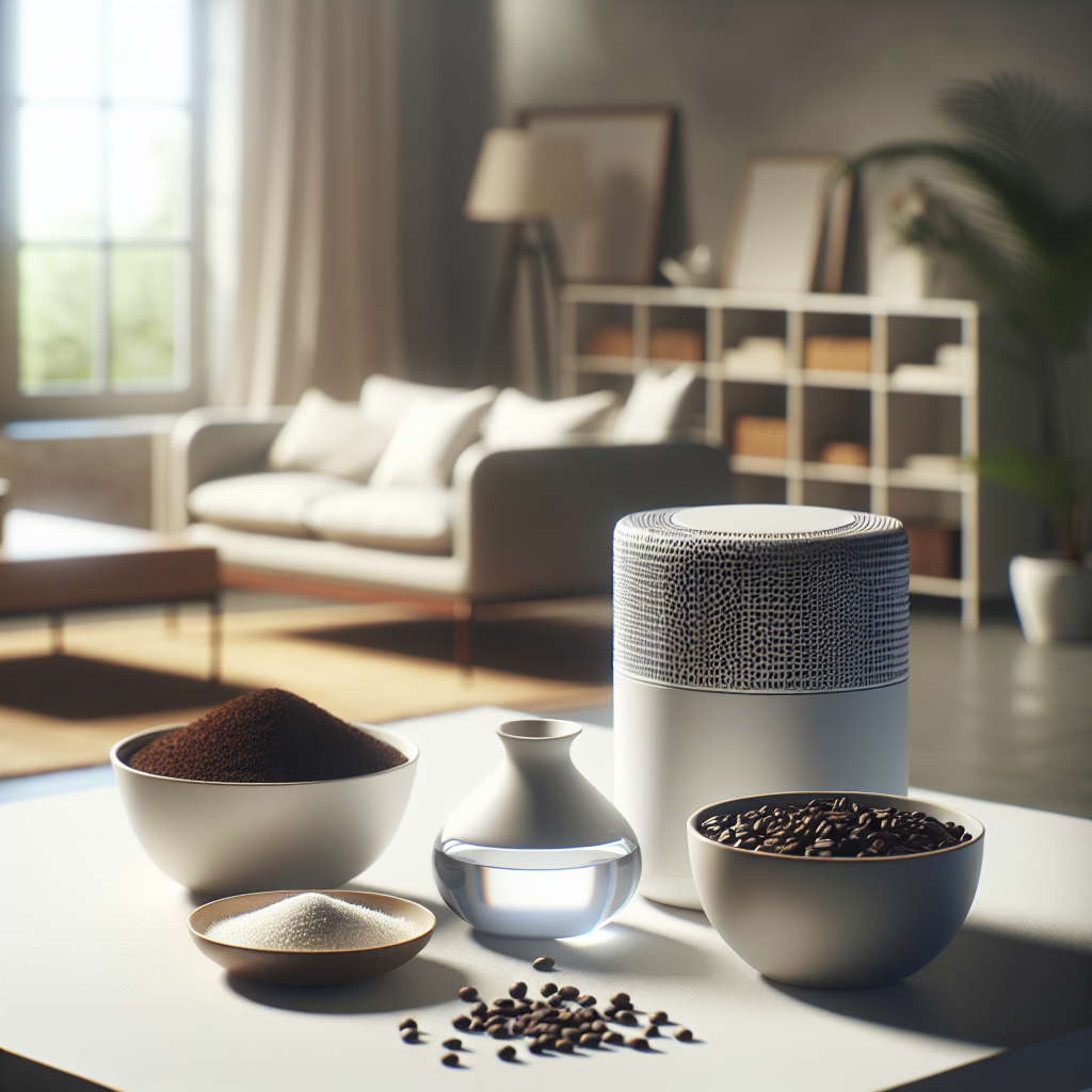 A collection of natural odor neutralizers artfully arranged on a clean, light-colored surface in a bright, airy room. This includes a small, elegant bowl filled with white vinegar, another shallow dish with fresh, dark coffee grounds, and a sleek, modern air purifier subtly visible in the soft-focus background. The overall atmosphere should convey freshness, cleanliness, and effective home remedies for stubborn smells. Natural daylight, high-resolution photography.
