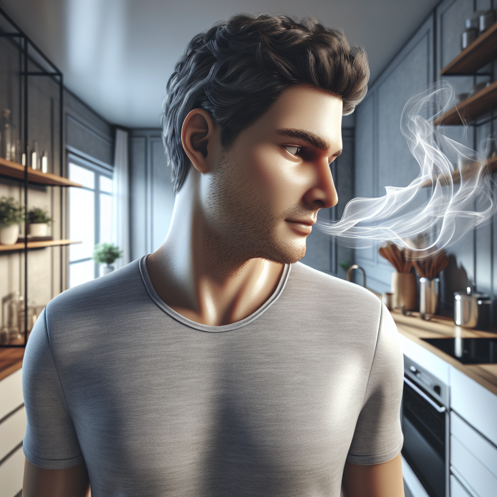 A person, slightly recoiling with a subtle expression of discomfort, in a well-lit modern kitchen. Stylized, transparent, pungent-looking fumes subtly waft from an unseen source, representing the strong and persistent phenol odor. The overall atmosphere feels slightly oppressive despite the bright lighting. Photorealistic, high detail.