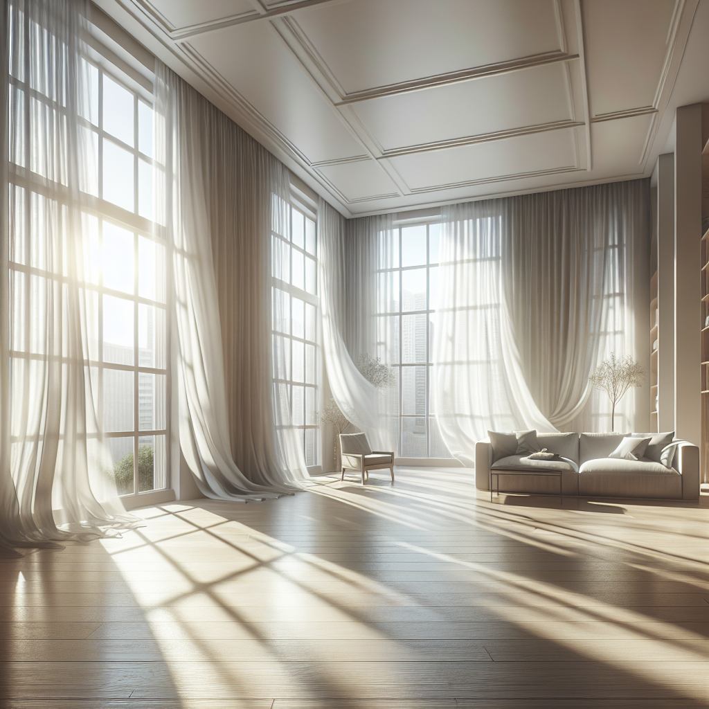 A spacious, bright living room bathed in natural sunlight, with large windows wide open, indicating fresh air is flowing through. The room is visibly clean and tidy, suggesting a successful removal of unpleasant odors. A gentle breeze stirs translucent curtains. The overall feeling is one of relief, cleanliness, and freshness. Photorealistic, soft and inviting atmosphere.
