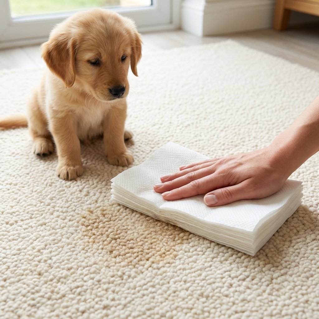 A professional, clean photograph with a slightly elevated overhead perspective. A fluffy, light-colored carpet has a small, barely visible damp patch. A generic pet, like a golden retriever puppy, sits calmly nearby, looking subtly sheepish. A human hand, with clean fingernails, gently but firmly presses a stack of white, absorbent paper towels onto the damp area, illustrating the crucial immediate action of blotting. The lighting is bright and natural, highlighting the texture of the carpet and the absorbent action.