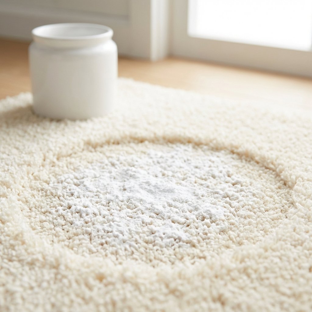 A high-quality, bright studio photograph with a shallow depth of field, focusing on a plush, clean-looking carpet. A generous, even layer of fine white powder, representing baking soda, is sprinkled over a circular section of the carpet. The surrounding carpet fibers appear fresh and pristine. In the softly blurred background, a simple, unlabeled white container or box is subtly visible, hinting at the source of the natural cleaning agent. The image conveys a sense of freshness and an effective, gentle cleaning process.