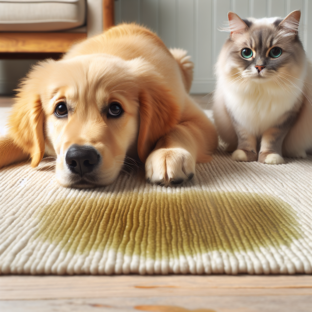 A cute, slightly guilty-looking golden retriever puppy or a fluffy cat next to a subtle, barely visible wet spot on a light-colored living room rug. The atmosphere should be warm and domestic, but with a hint of a cleaning challenge. The visual representation of the 'smell' should be very subtle, perhaps soft, wavy lines or a muted color overlay, avoiding anything overtly unpleasant. Focus on realism and soft, natural light, from a slightly elevated perspective.