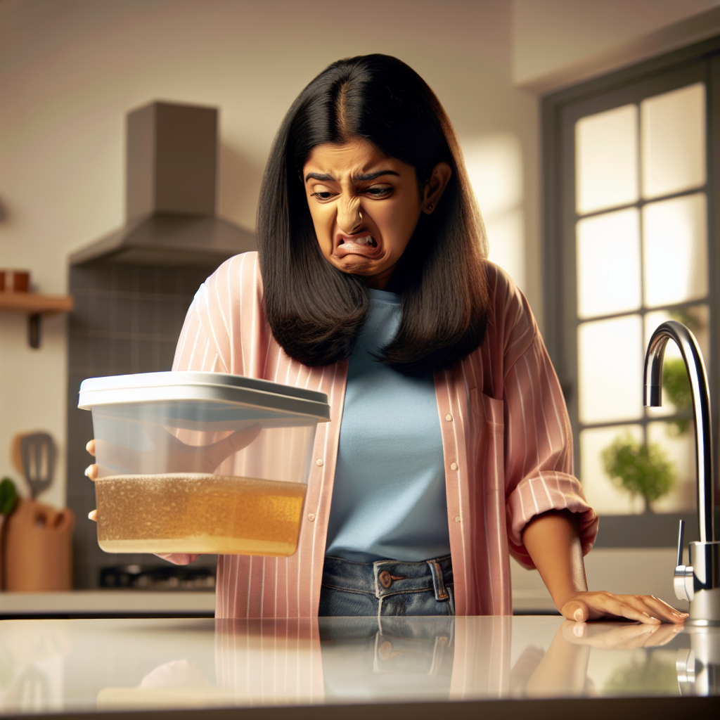 A person, with a clear expression of disgust and a wrinkled nose, recoiling from a newly unboxed, shiny plastic kitchen container that they are holding. The scene is set on a modern kitchen counter, emphasizing the strong, unpleasant chemical odor. Realistic, detailed, bright lighting.