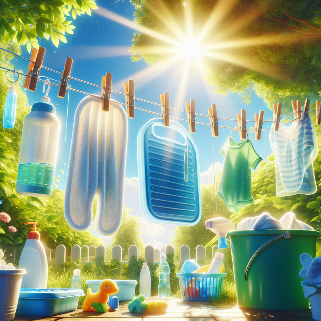 A bright, airy scene featuring various plastic items (e.g., storage containers, a shower mat, a small toy) drying on a clothesline or railing outdoors on a sunny day, with a gentle breeze. Lush green leaves or a clear blue sky are in the background, conveying a fresh, clean, and odor-free environment. Optimistic, natural lighting.
