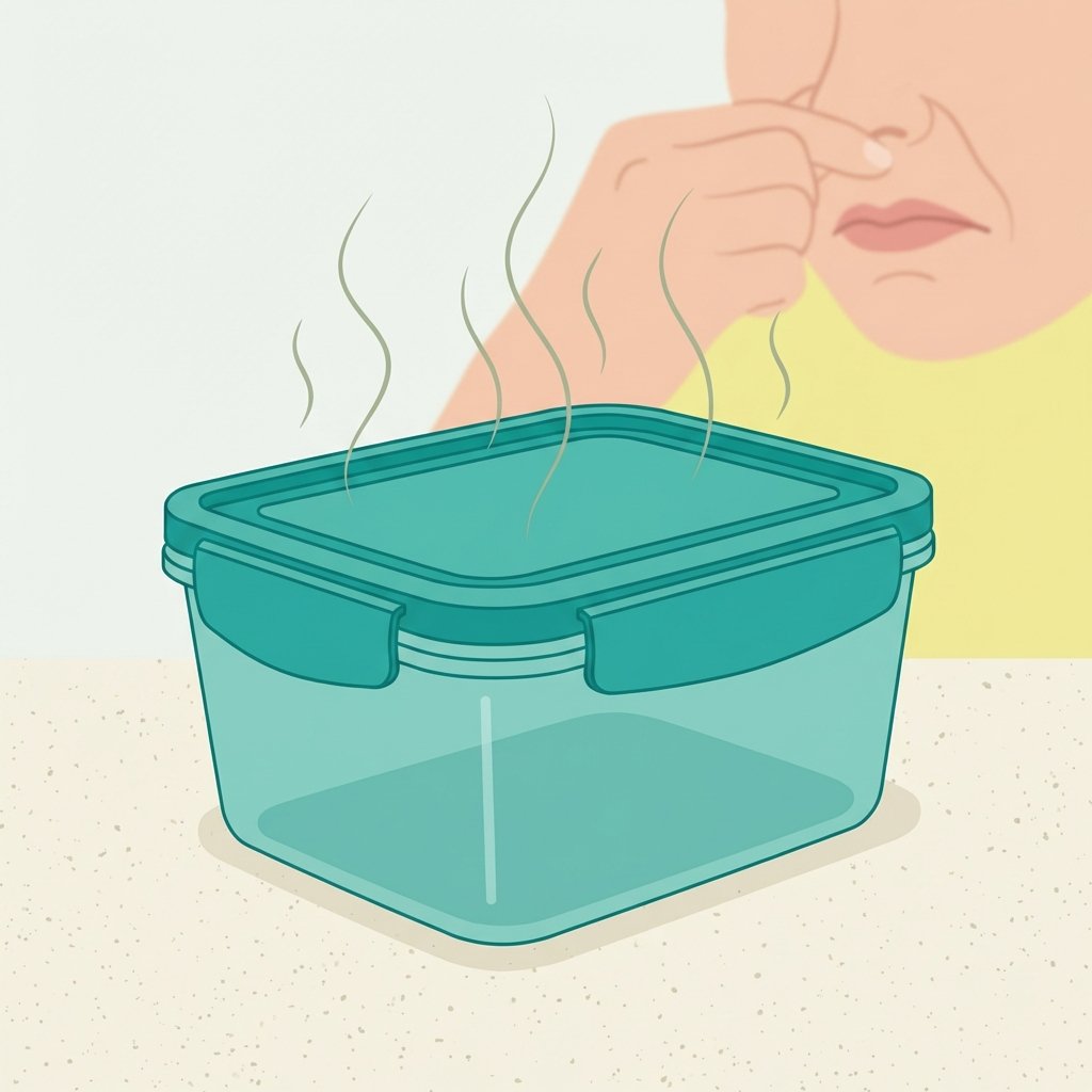 A detailed flat illustration showing a common new plastic item, such as a food storage container or a children's toy, emitting subtle, wavy, greenish-grey lines representing an unpleasant smell. The item sits on a clean, light surface. In the background, slightly blurred, a person's nose or a hand is subtly wrinkled, indicating discomfort from the odor. The overall aesthetic should be clean and modern, suitable for a blog post, highlighting the problem of plastic smell.