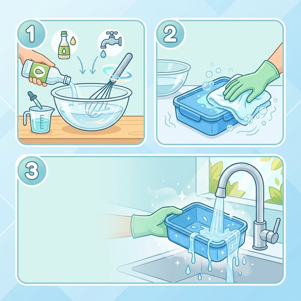 An infographic-style illustration depicting a three-step process for neutralizing plastic odor using vinegar. The first panel shows a clear glass bowl with white vinegar and water being mixed. The second panel illustrates a hand using a clean cloth, soaked in the vinegar solution, to wipe down a plastic object like a lunchbox or a bottle. The third panel shows the plastic object being rinsed under clear running water from a tap. The style should be simple, clear, and visually appealing with a fresh color palette.