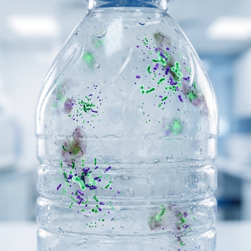 A visually striking close-up of the inner surface of a clear plastic water bottle. Microscopic, stylized representations of bacteria and food residue cling to the inside walls, depicted as tiny, abstract glowing green and purple particles or smudges, emphasizing the unseen cause of odors. A subtle hint of moisture or condensation is present, making the environment appear damp. The overall impression is one of a hidden, unpleasant problem within a common object. Style: Modern scientific illustration blended with a clean product photography aesthetic.