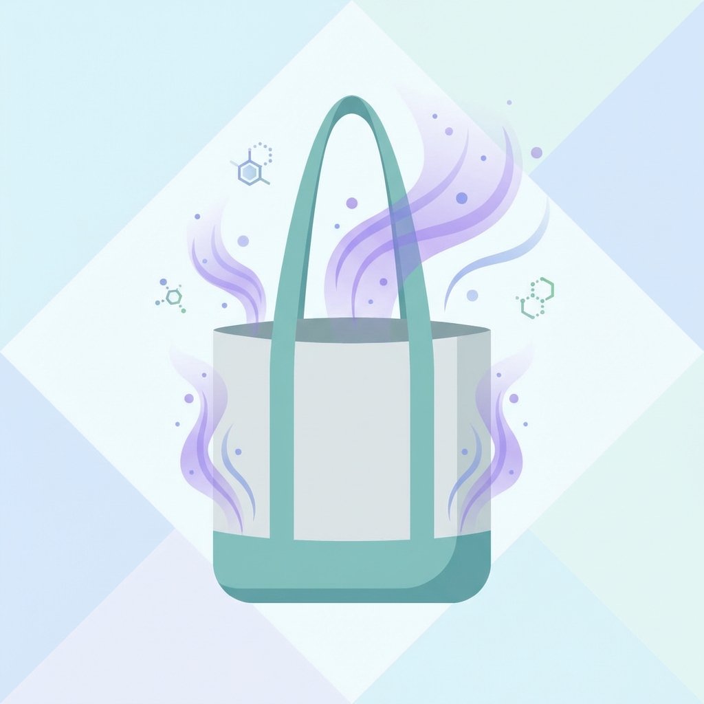 A vibrant flat illustration depicting a modern, clean-looking bag (e.g., a tote or sports bag) subtly emitting abstract, wavy, purple-tinted 'smell' particles that dissipate into the air. The bag is centered on a light, clean background, with a few stylized, almost invisible, tiny chemical symbols or molecular structures floating near the 'smell' to hint at VOCs without being actual text. The overall aesthetic should be clean, slightly technical, and highlight the unseen issue of plastic odor.