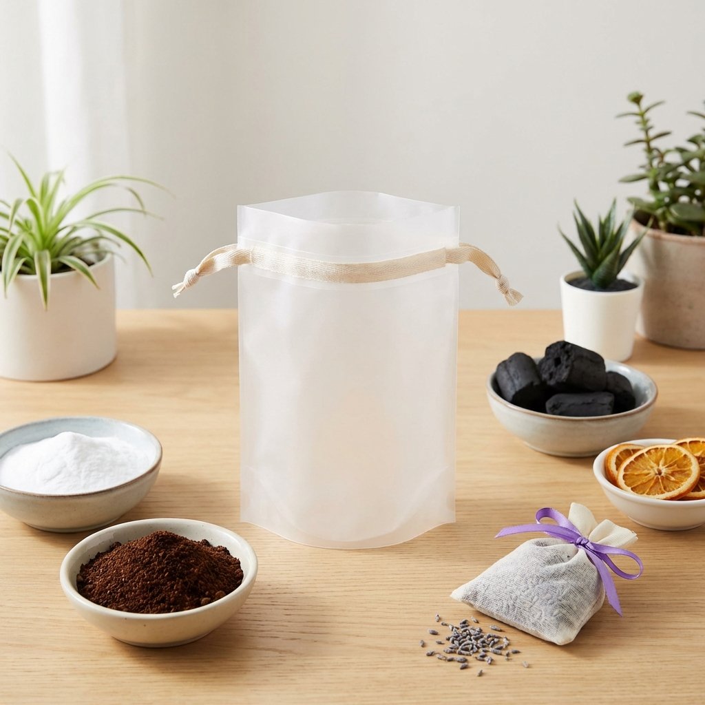 A professional, bright studio photo showcasing various natural odor-absorbing elements artfully arranged around an open, empty bag made of plastic or synthetic material. Visible items include small bowls of baking soda, fresh coffee grounds, a few charcoal briquettes, slices of lemon or orange peel, and maybe a small sachet of dried lavender. The setup suggests a process of purification and freshness, with soft, inviting lighting. The bag itself should appear clean and ready to be refreshed.
