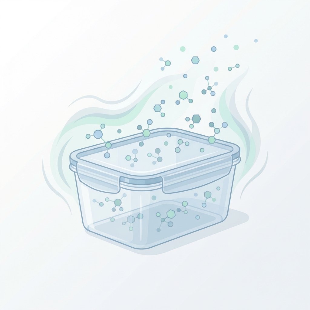A clear, conceptual flat illustration depicting the origin of plastic smell. A translucent, modern plastic food storage container is centrally placed. From its surface, numerous tiny, abstract molecules or particle shapes are visibly escaping and floating upwards into the surrounding air, creating a subtle, wavy 'smell' aura around the container. The background is a clean, minimalist off-white or light grey, emphasizing the process of volatile organic compounds (VOCs) being released. The illustration uses a limited color palette of soft blues, greens, and grays to maintain a clean, scientific but approachable aesthetic suitable for a blog.
