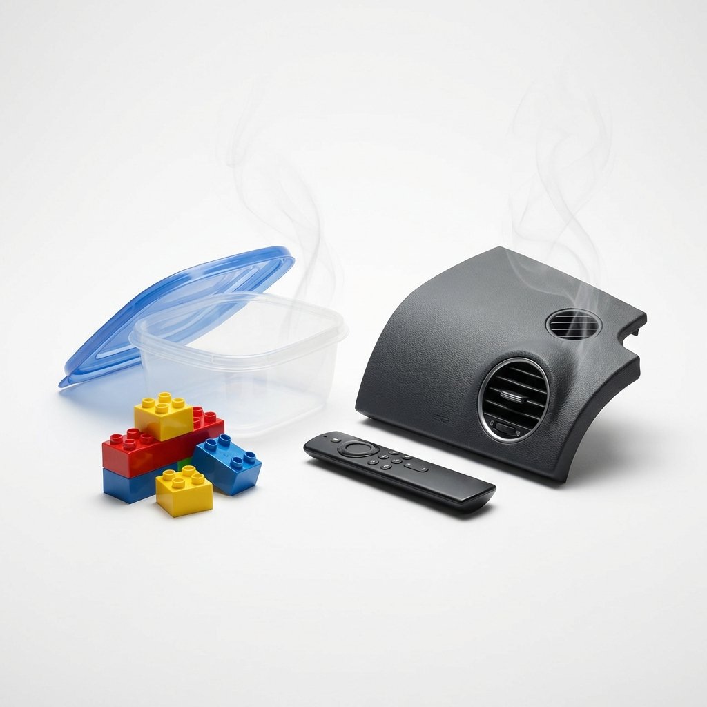 A vibrant, clean studio product photography style image showcasing various household items that frequently emit plastic odor. The arrangement includes a new, unused plastic food container with its lid slightly ajar, a brightly colored child's plastic toy block, a sleek remote control for an electronic device, and a small, corner segment of a car dashboard. These items are artfully arranged on a pristine white surface, casting soft shadows. A subtle, almost invisible gaseous vapor or translucent aura emanates from some items, symbolizing the lingering plastic scent. The overall impression is professional and visually appealing, highlighting common problem sources.